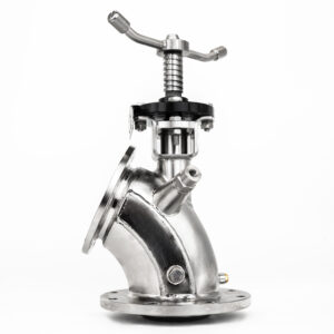 100mm manually operated Heavy Duty, Oil Jacketed Flush Valve with 60 degree bend, gasket sealing disc and flanged outet