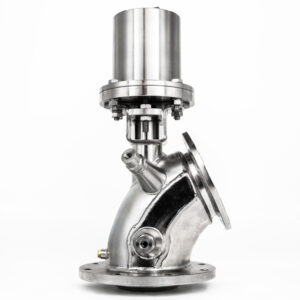 100mm manually operated heavy duty, steam jacketed Flush Valve with 60 degree bend, gasket sealing disc and flanged outet