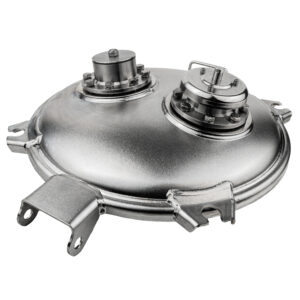 Manhole cover 4 lug 4.5mm dish fitted with 80mm Pressure and 80mm Vacuum relief valves